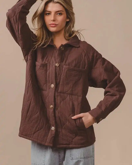 BiBi Quilted Wrinkle Gauze Long Sleeve Shacket - Sleekdenim.com