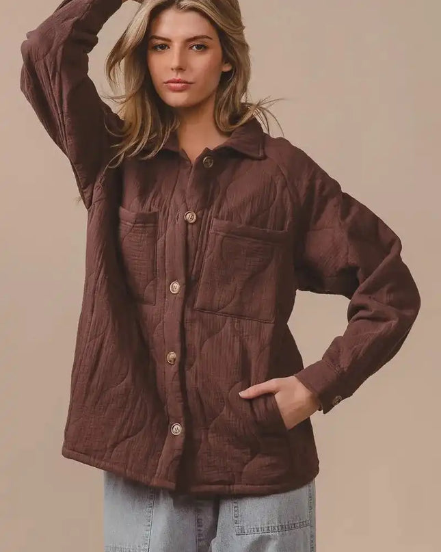 BiBi Quilted Wrinkle Gauze Long Sleeve Shacket - Sleekdenim.com