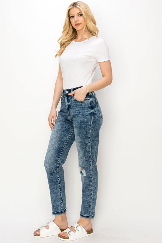 AT1061MMD HIGH RISE STRETCH DISTRESSED MOM JEANS - Sleekdenim.com
