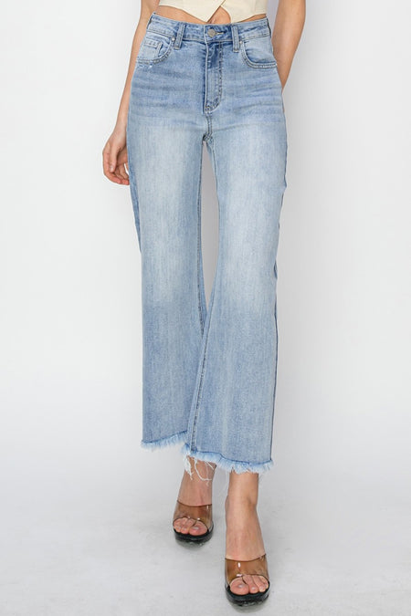 RISEN High Rise Crop Wide Fray Hem Jeans | Sleekdenim.com