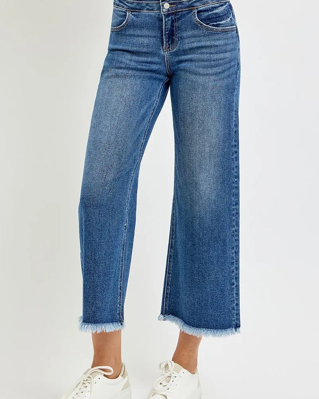 Risen High Rise Cropped Wide Leg Jeans with Wide Band Detail and Frayed Hem