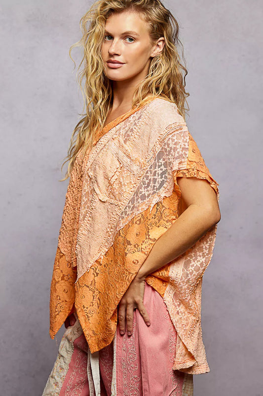 POL Asymmetrical V-Neck Short Sleeve Lace Top - Sleekdenim.com