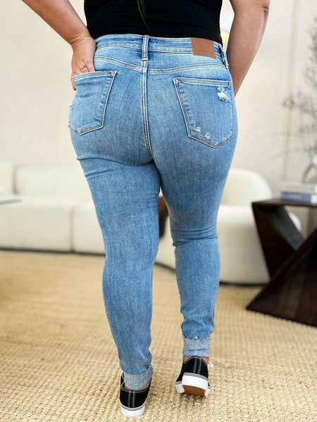 Judy Blue Full Size Mid Rise Destroy & Cuff Skinny Jeans | Sleekdenim.com