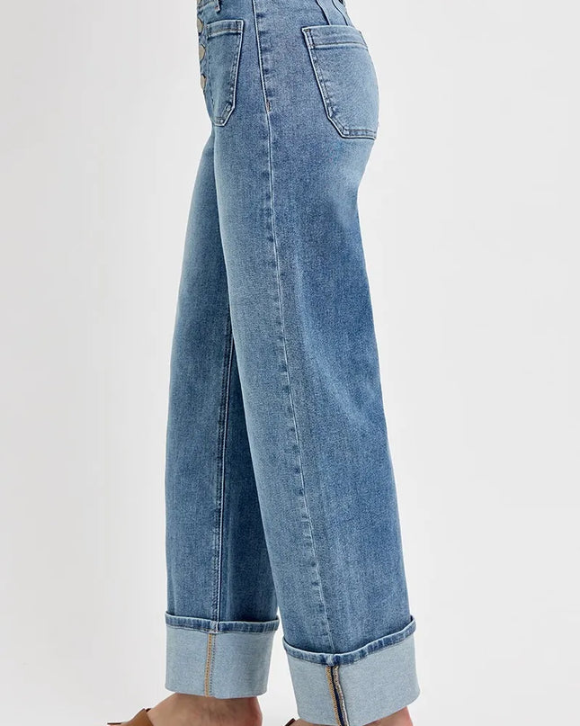 RISEN High Rise Ankle Wide Button Patch Pocket Cuffed Jeans - Sleekdenim.com