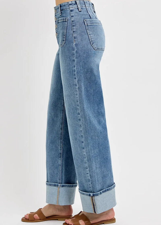 RISEN High Rise Ankle Wide Button Patch Pocket Cuffed Jeans - Sleekdenim.com