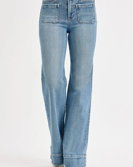 RISEN Full Size High Rise Wide Flare Patch Pocket Jeans Plus Size - Sleekdenim.com