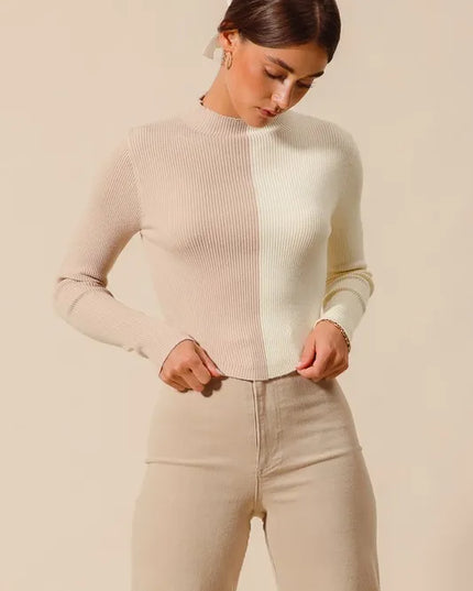 SO ME Color Block Fitted Crop Sweater Top - Sleekdenim.com