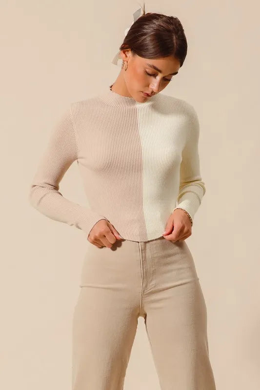 SO ME Color Block Fitted Crop Sweater Top - Sleekdenim.com
