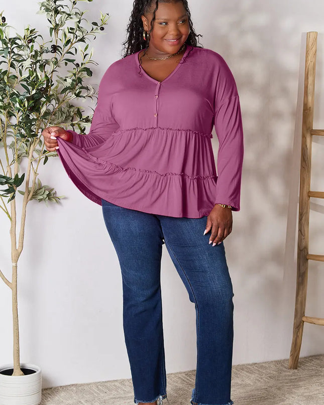 Double Take Half Button Long Sleeve Ruffle Hem Blouse - Sleekdenim.com