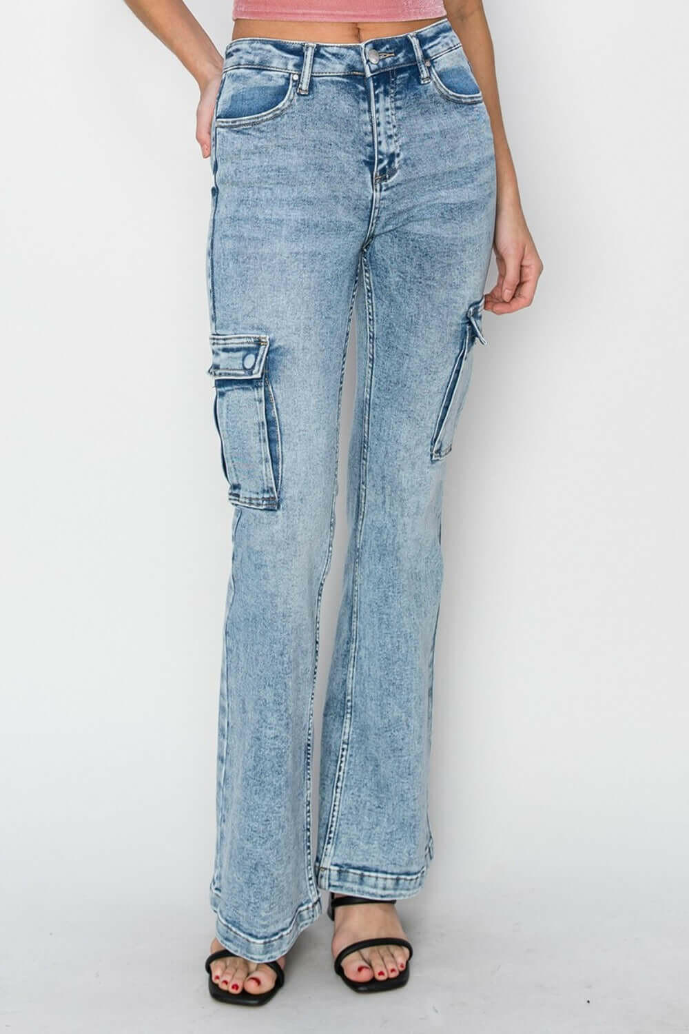 RISEN Full Size High Rise Cargo Flare Jeans.