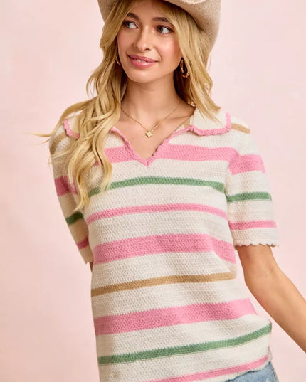 BiBi Multi Colors Stripes Collared Knit Top - Sleekdenim.com