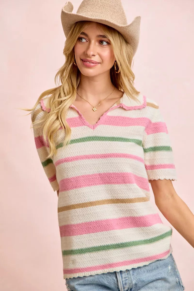 BiBi Multi Colors Stripes Collared Knit Top - Sleekdenim.com