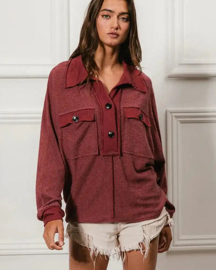 BiBi Cp French Terry Cut Edge Detail Collared Top - Sleekdenim.com