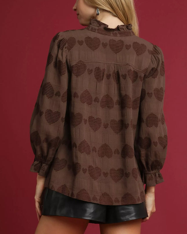 Umgee Heart Jacquard Ruffle Trim Shirt - Sleekdenim.com