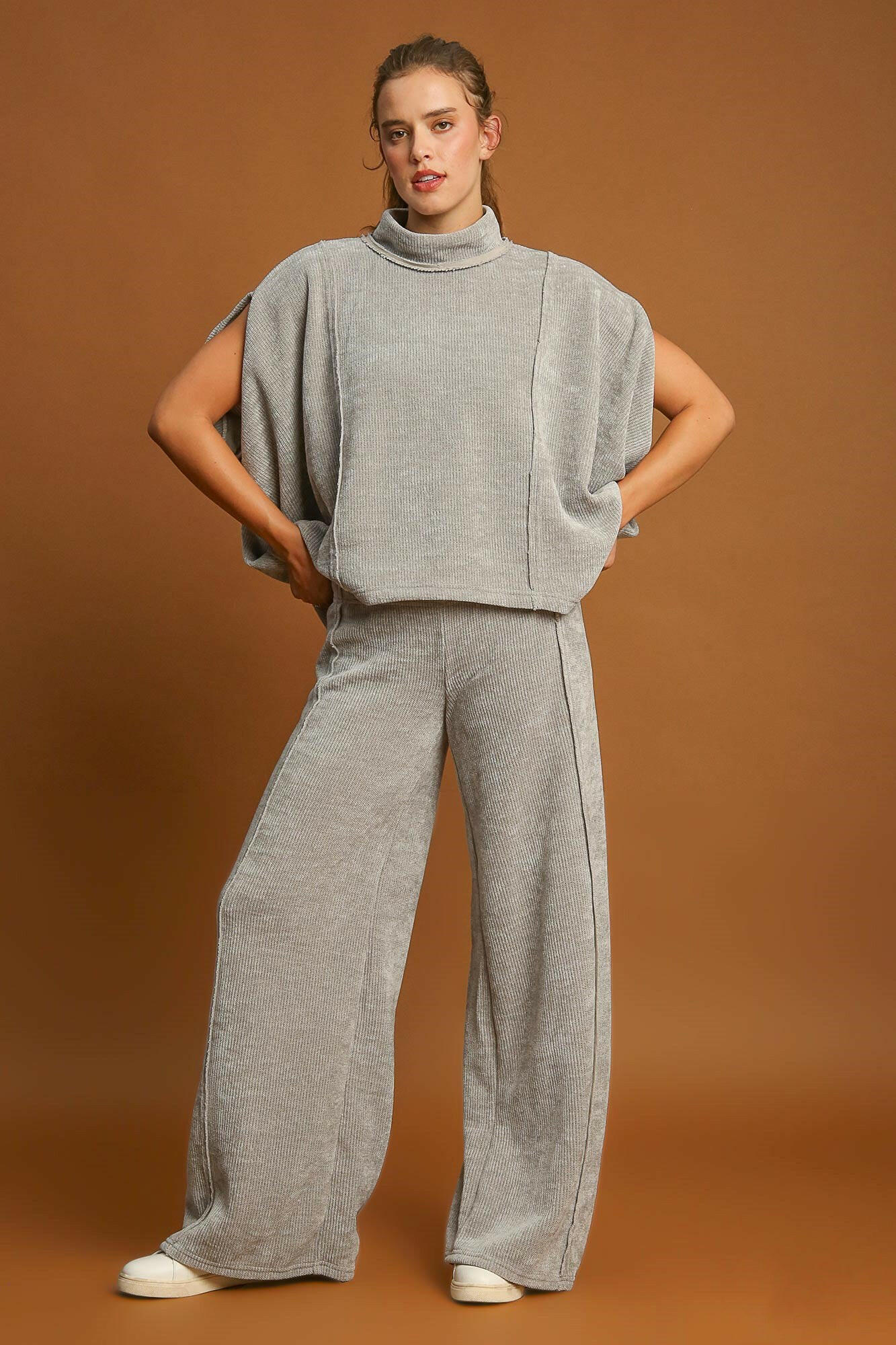 Umgee Elastic Waist Wide Leg Pants Light Gray