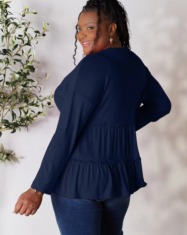Double Take Half Button Long Sleeve Ruffle Hem Blouse - Sleekdenim.com