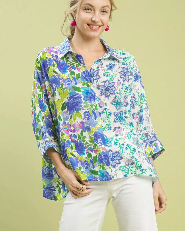 Umgee Mixed Floral Oversized Button Down Shirt - Sleekdenim.com