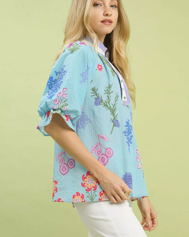 Umgee Floral Puff Sleeve Blouse with Scallop Trim Collar - Sleekdenim.com