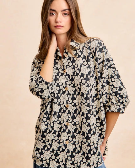 BiBi Floral Jacquard Short Dolman Sleeves Shirt - Sleekdenim.com