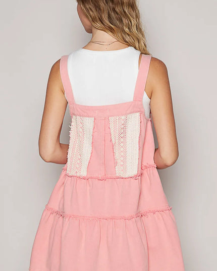 POL Lace Patchwork Detail Denim Overall Dress - Sleekdenim.com