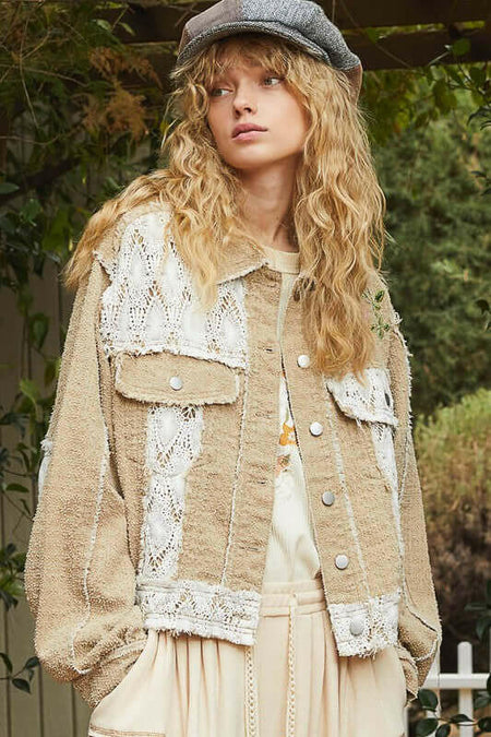 POL Crochet Patch Embroidered Button Up Jacket | Sleekdenim.com