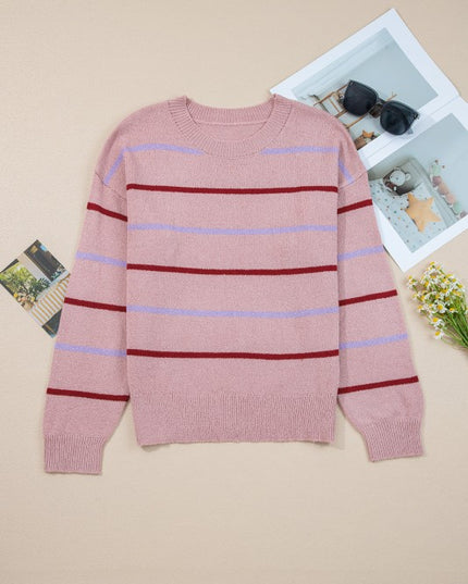 Stripe Ribbed Trim Drop Shoulder Sweater - Sleekdenim.com