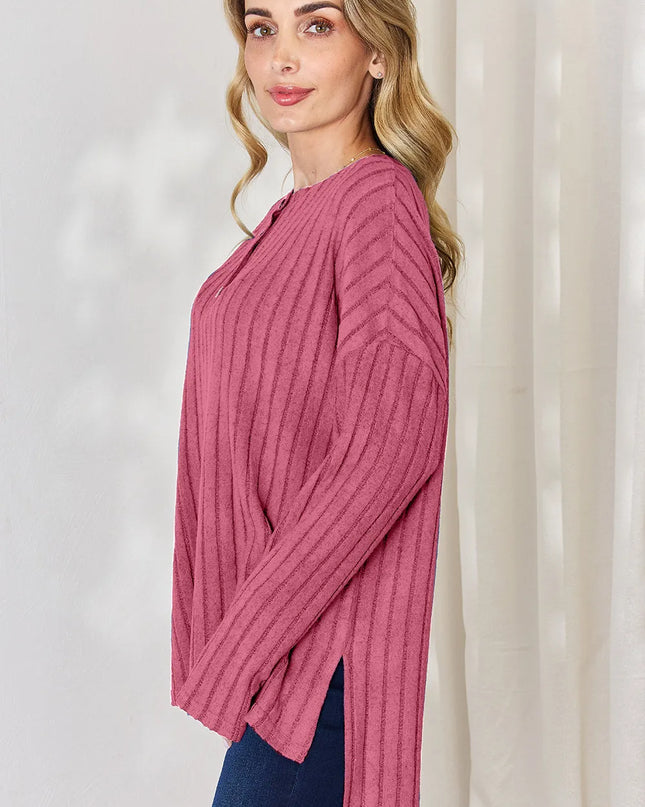 Basic Bae Full Size Ribbed Half Button Long Sleeve High-Low T-Shirt - Sleekdenim.com