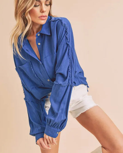 Aemi + Co Raw Edge Exposed Seam Collared Neck Long Sleeve Shirt - Sleekdenim.com