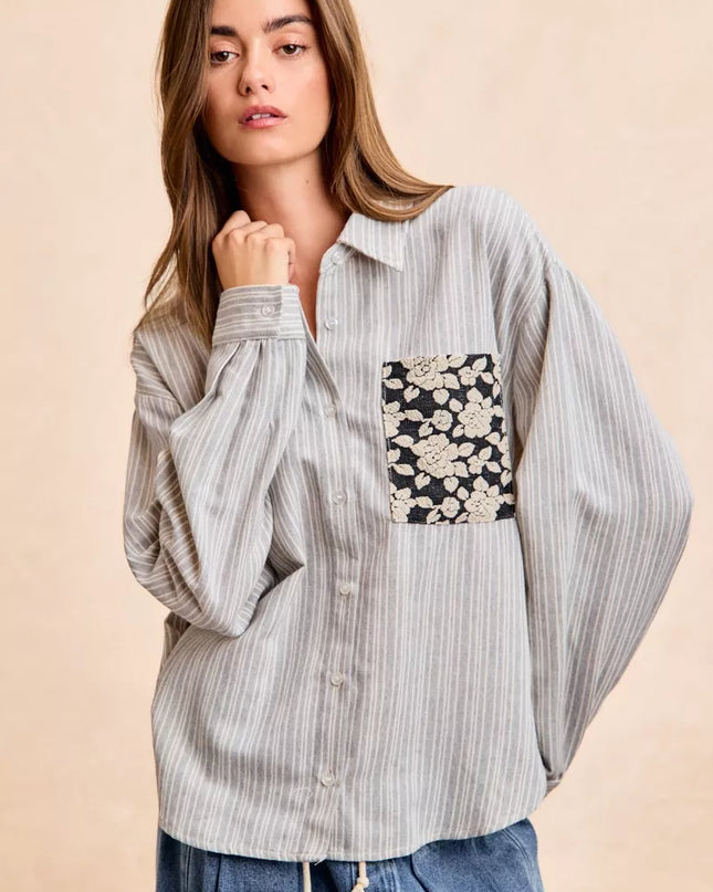 BiBi Flower Jacquard Knit Patch Pocket Stripe Shirt - Sleekdenim.com