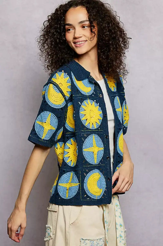 POL Openwork Short Sleeve Crochet Shirt