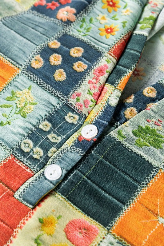 Floral Half Placket Collared V-Neck Blouse - Sleekdenim.com