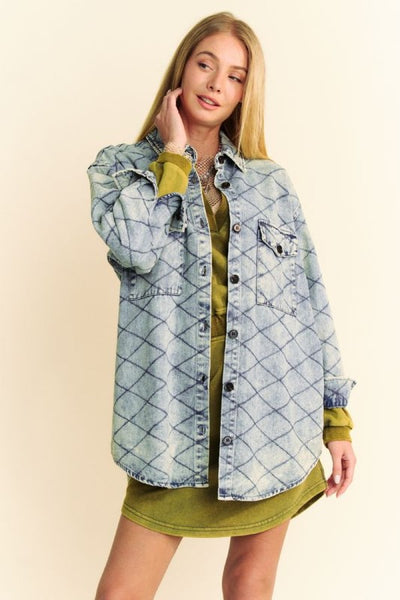 Davi & Dani Curved Hem Diamond Quilted Button Up Denim Shacket - Sleekdenim.com