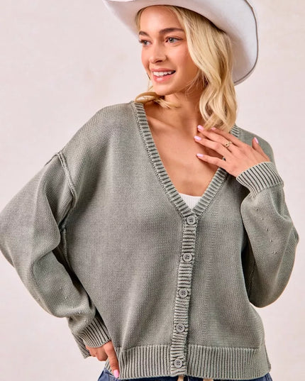 BiBi Washed Sweater V Neck Cardigan - Sleekdenim.com