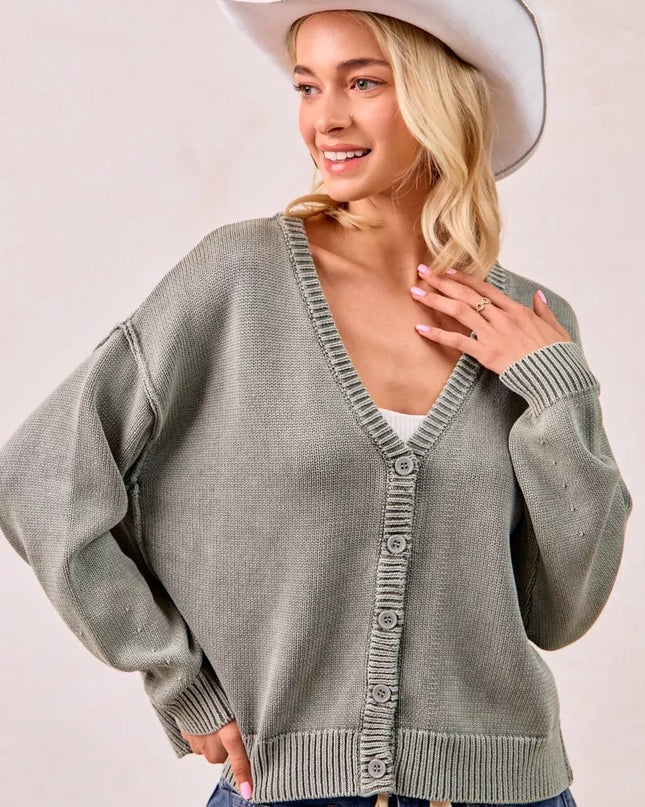 BiBi Washed Sweater V Neck Cardigan - Sleekdenim.com