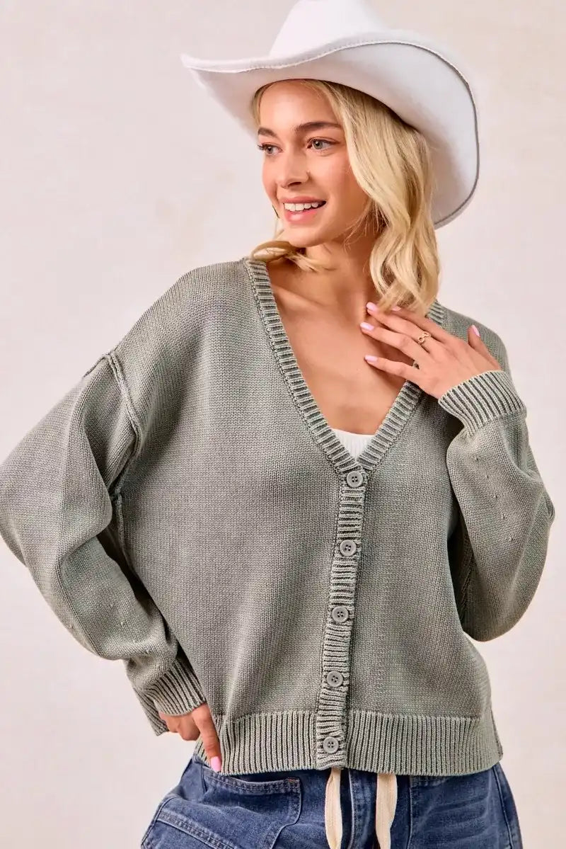 BiBi Washed Sweater V Neck Cardigan - Sleekdenim.com