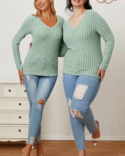 Basic Bae Full Size Ribbed V-Neck Long Sleeve T-Shirt - Sleekdenim.com