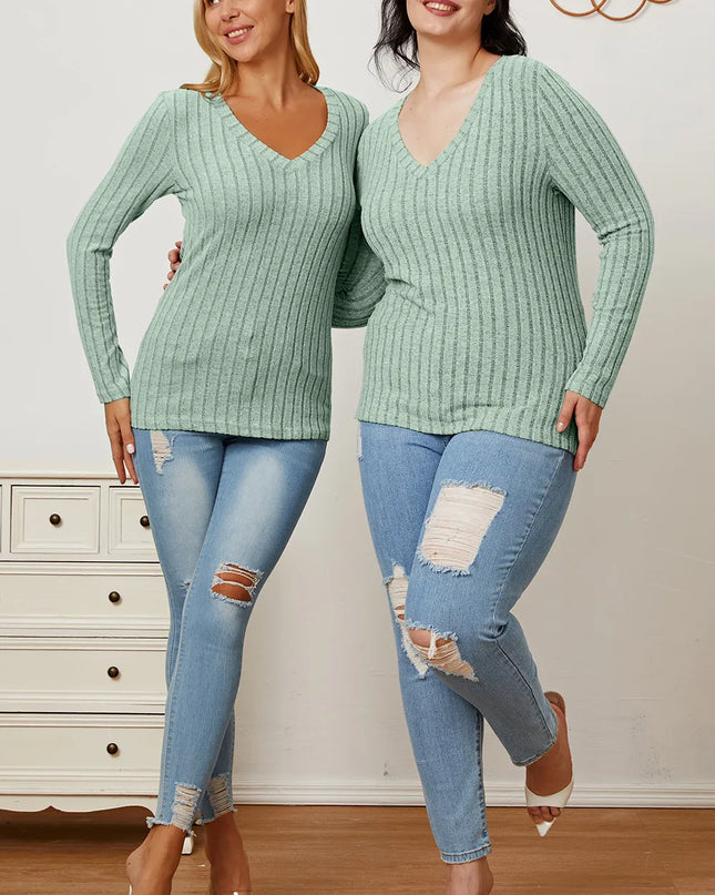 Basic Bae Full Size Ribbed V-Neck Long Sleeve T-Shirt - Sleekdenim.com