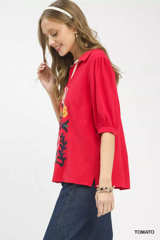 Umgee Mixed Media V-Neck Print Blouse - Image 2