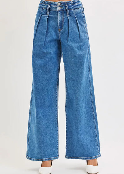 RISEN Full Size Mid Rise Fit Wide Leg with Pleated Detail Jeans Plus Size - Sleekdenim.com