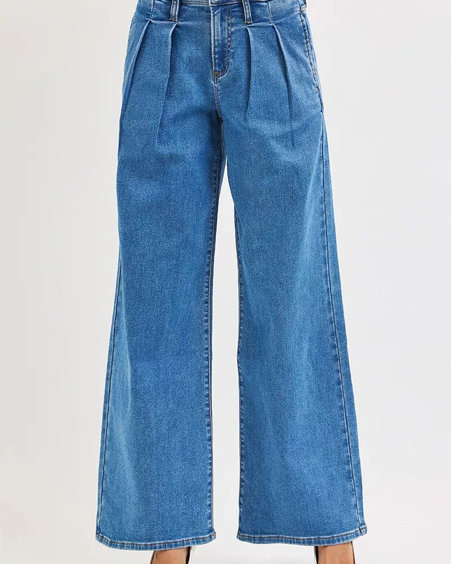 RISEN Full Size Mid Rise Fit Wide Leg with Pleated Detail Jeans Plus Size - Sleekdenim.com