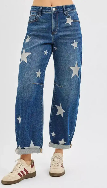 RISEN Mid Rise Ankle Length Relaxed Barrel Star Printed Jeans - Sleekdenim.com