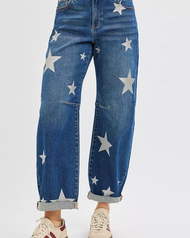 RISEN Mid Rise Ankle Length Relaxed Barrel Star Printed Jeans - Sleekdenim.com