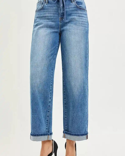 RISEN Elastic Band Slouch Ankle Boyfriend Cuffed Hem Jeans - Sleekdenim.com