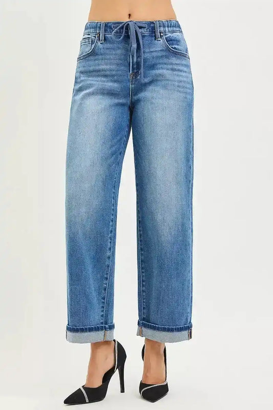 RISEN Elastic Band Slouch Ankle Boyfriend Cuffed Hem Jeans PGA21558