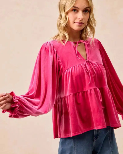 BiBi Christmas Theme Velvet Bow Tied Blouse - Sleekdenim.com