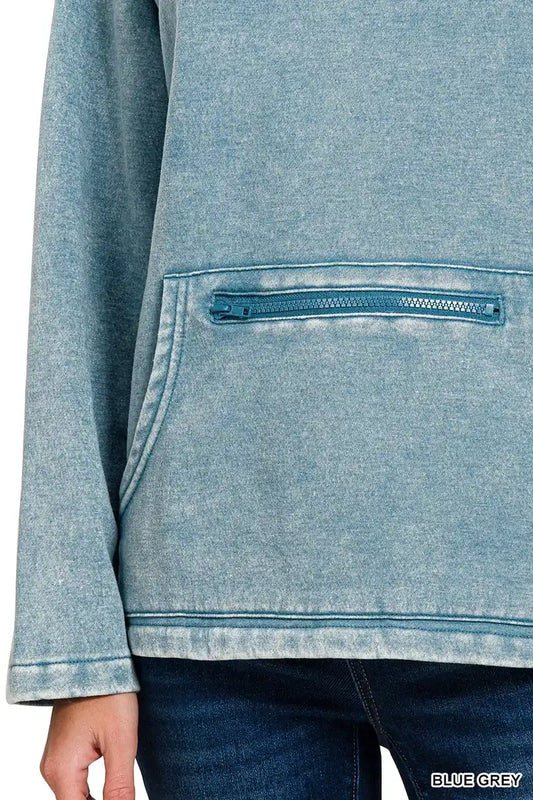 Zenana Fleece Washed High Neck Kangaroo Pocket Sweatshirt