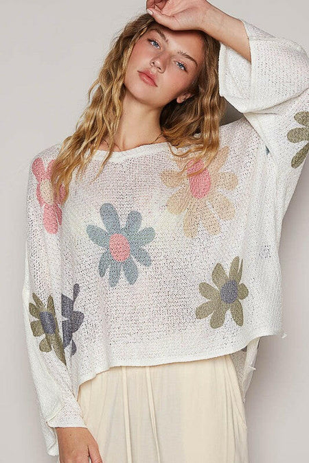 POL Flower Dropped Shoulder Long Sleeve Knit Top | Sleekdenim.com