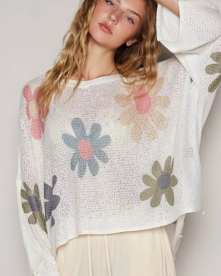 POL Flower Dropped Shoulder Long Sleeve Knit Top - Sleekdenim.com