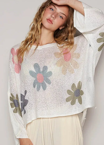 POL Flower Dropped Shoulder Long Sleeve Knit Top - Sleekdenim.com