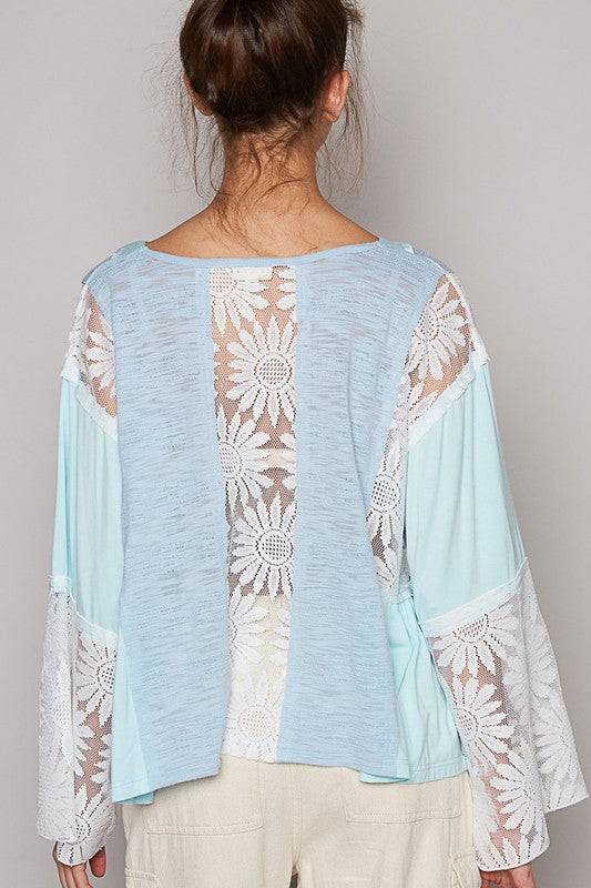 POL Lace Detail V-Neck Flare Sleeve Blouse | Sleekdenim.com